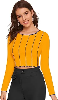 Elegant Yellow Polyester Striped Top For Women-thumb2