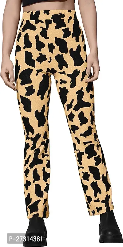 Elegant Beige Viscose Rayon Animal Print Trousers For Women-thumb0
