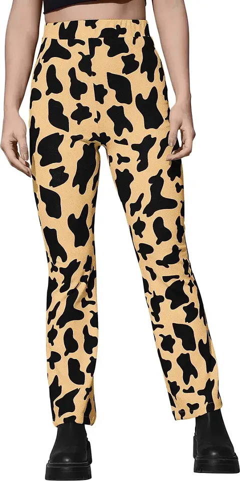 Elegant Beige Viscose Rayon Animal Print Trousers For Women