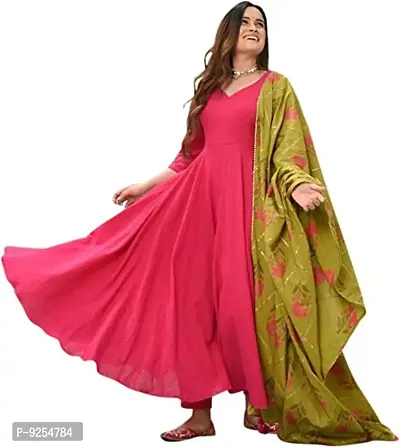 Women's Latest Ethnic Rayon Solid Anarkali Kurta with Printed Dupatta Set-thumb0