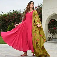 Women's Latest Ethnic Rayon Solid Anarkali Kurta with Printed Dupatta Set-thumb2