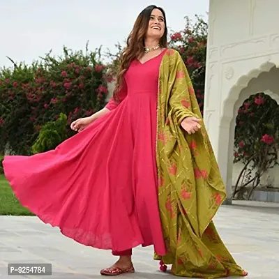 Women's Latest Ethnic Rayon Solid Anarkali Kurta with Printed Dupatta Set-thumb3