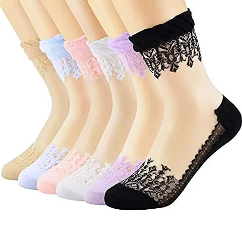 PURSUE FASHION Ultra Thin Net Crystal Elastic Ankle Socks with Little Flowers Print Socks, Ankle Socks for Women, Net Socks for Women Stylish, Girls Socks?(Pack of 6)