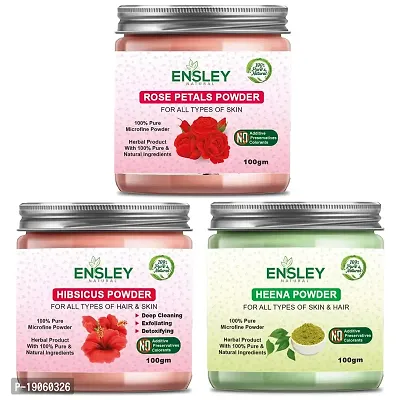 Ensley Natural Rose Petal Hibiscus Heena Deep Cleaning, Exfollating  Detoxifying ,Whitening  Brighting Skin  Face For Unisex(300Gm_Pack Of 3 ) _100gm Each