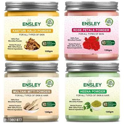 Ensley Natural Kasturi Haldi  Rose Petals Powder  Multani Mitti Powder  Heena Powder 400Gm (Pack Of 4_100Gm Each)-thumb0