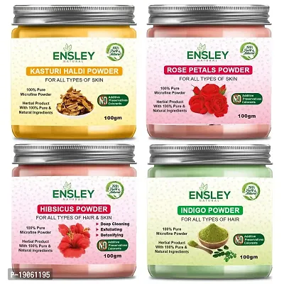 Ensley Natural Kasturi Haldi  Rose Petals Powder  Hibiscus Powder  Indigo Powder 400Gm (Pack Of 4_100Gm Each)-thumb0