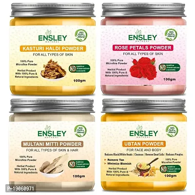 Ensley Natural Kasturi Haldi  Rose Petals Powder  Multani Mitti Powder  Ubtan Powder 400Gm (Pack Of 4_100Gm Each)