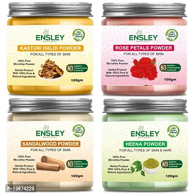 Ensley Natural Kasturi Haldi  Rose Petals Powder  Sandalwood Powder  Heena Powder 400Gm (Pack Of 4_100Gm Each)