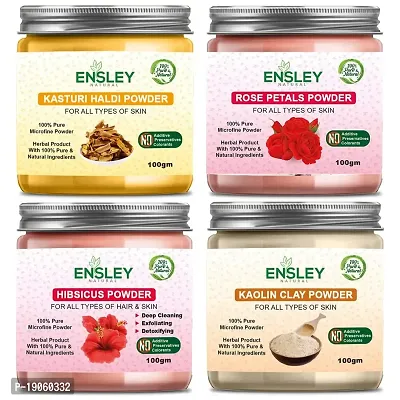 Ensley Natural Kasturi Haldi  Rose Petals Powder  Hibiscus Powder  Kaolin Clay Powder 400Gm (Pack Of 4_100Gm Each)