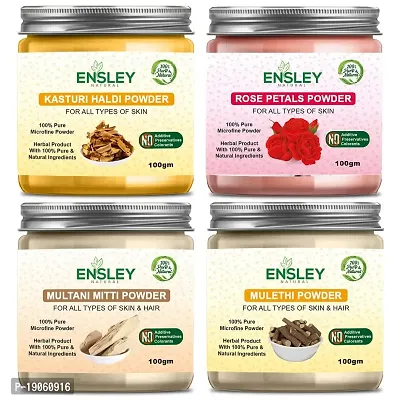 Ensley Natural Kasturi Haldi  Rose Petals Powder  Multani Mitti Powder  Mulethi Powder 400Gm (Pack Of 4_100Gm Each)