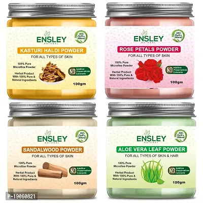 Ensley Natural Kasturi Haldi  Rose Petals Powder  Sandalwood Powder  Aloevera Leaf Powder 400Gm (Pack Of 4_100Gm Each)