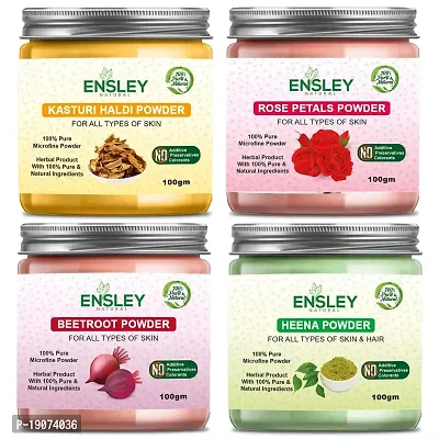 Ensley Natural Kasturi Haldi  Rose Petals Powder  Beet Root Powder  Heena Powder 400Gm (Pack Of 4_100Gm Each)