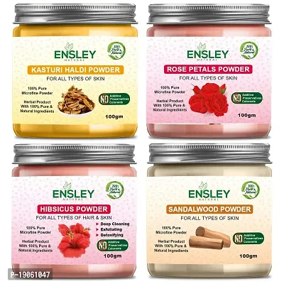 Ensley Natural Kasturi Haldi  Rose Petals Powder  Hibiscus Powder  Sandalwood Powder 400Gm (Pack Of 4_100Gm Each)