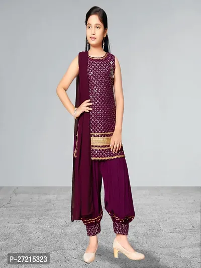 Muhuratam Girls Ethnic Wear Purple Colour Sequin Embroidery Lace Work Georgette Kurti Patiala Set-thumb0