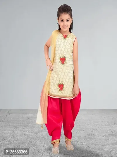 Muhuratam Girls Ethnic Wear Beige Colour Thread Embroidery With Lace Work Silk Kurti Patiala Set-thumb0