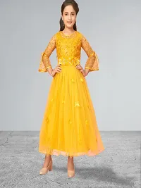 Muhuratam Girls Yellow Colour Nylon Self Design Gown-thumb1