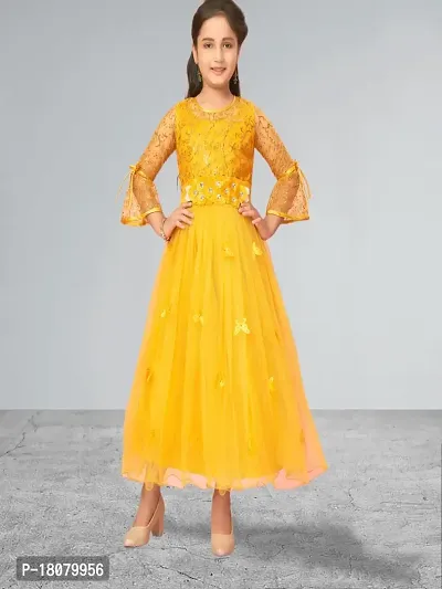 Muhuratam Girls Yellow Colour Nylon Self Design Gown-thumb2