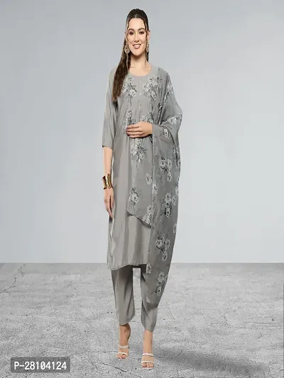 Muhuratam Womens Ethnic Wear Grey Colour Zari Embroidery Silk Kurti  Pant Set