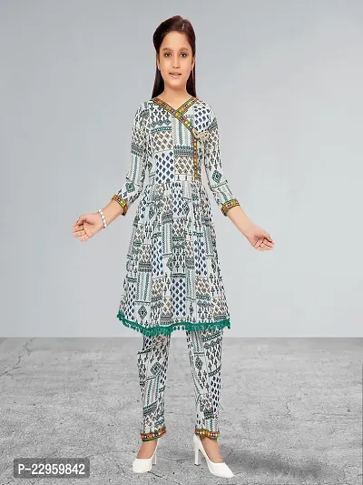 Muhuratam Girls White-Green Colour Polyester Kurti Patiala Set-thumb0