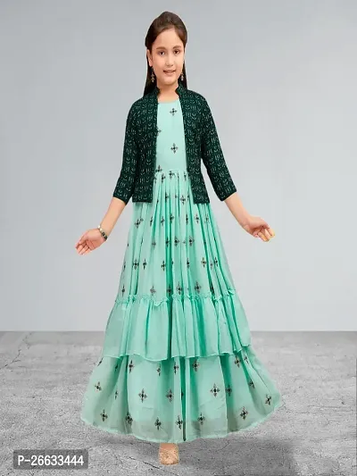 Muhuratam Girls Party Wear Sea Green Colour Sequin Embroidery Georgette Gown With Shrug And Bracelet