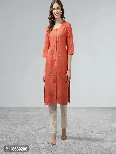 Muhuratam Womens Orange Color Cotton Embroidery Kurti-thumb5