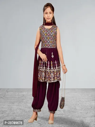 Muhuratam Girls Ethnic Wear Purple Colour Thread Sequin Embroidery Georgette Kurti Patiala Set With Sling Bag