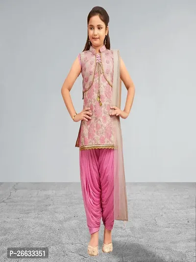 Muhuratam Girls Ethnic Wear Pink Colour Embellished Brocade Kurti Patiala Set With Jacket-thumb0
