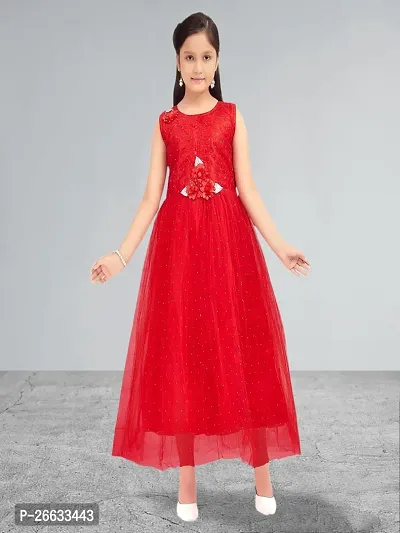 Muhuratam Girls Party Wear Red Colour Embroidery Net Gown