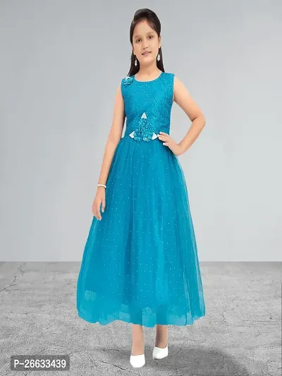 Muhuratam Girls Party Wear Teal Blue Colour Embroidery Net Gown