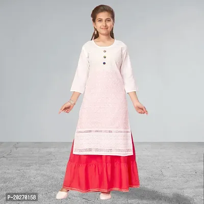Muhuratam Girls White-Gajri Colour Cotton Embroidery Kurti Skirt Set-thumb0