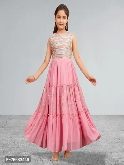 Muhuratam Girls Party Wear Pink Colour Mirror Embroidery Georgette Gown With Bracelet