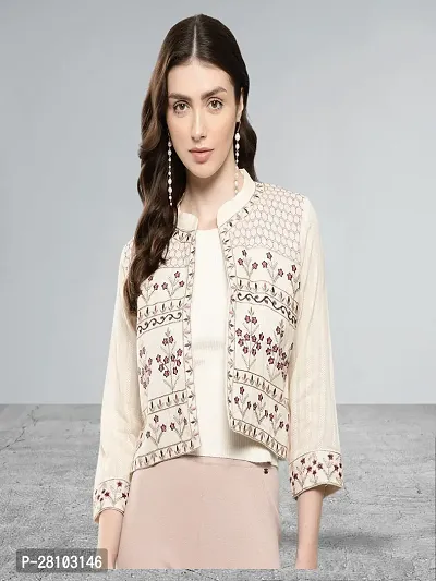 Womens Ethnic Wear Cream Colour Zari Thread Mirror Embroidery Cotton Ethnic Jacket-thumb0
