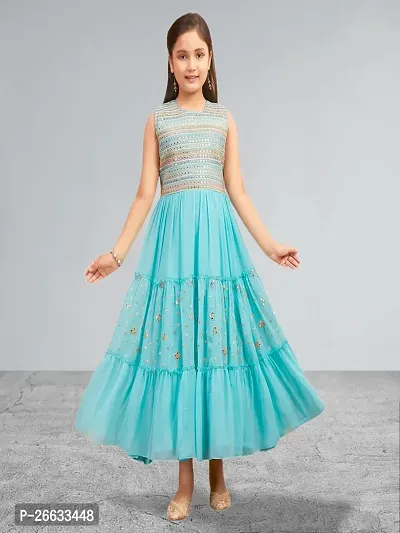 Muhuratam Girls Party Wear Turquoise Colour Mirror Embroidery Georgette Gown With Bracelet