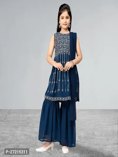 Muhuratam Girls Ethnic Wear Teal Blue Colour Thread Embroidery Georgette Kurti Sharara Set-thumb0