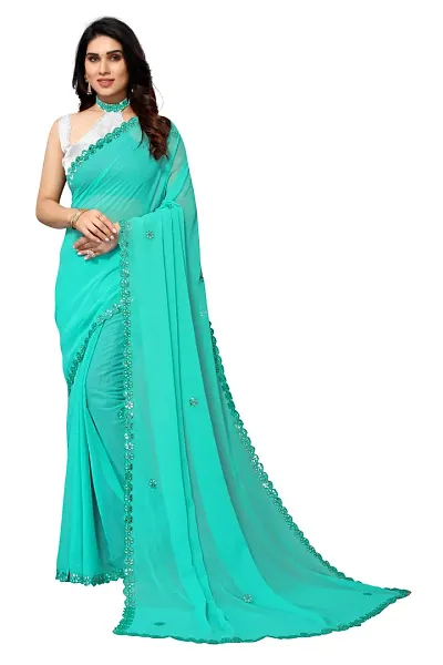 Womens Solid Lace Border Georgette Saree with Blouse Piece