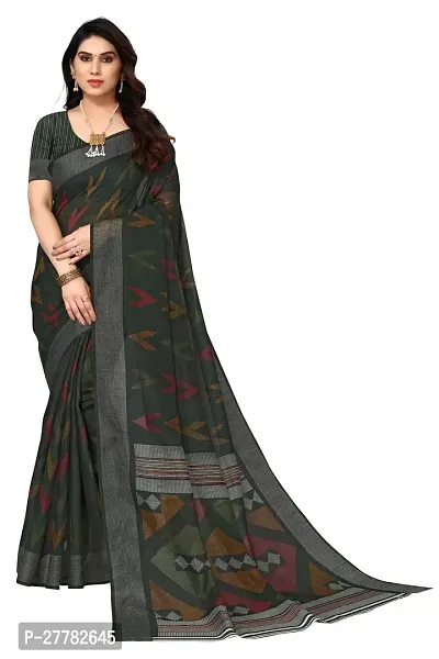 Beautiful Green Linen Saree With Blouse Piece For Women-thumb0