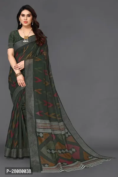 Beautiful Green Linen Saree With Blouse Piece For Women-thumb0