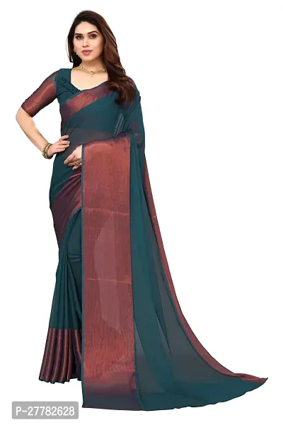 Beautiful Teal Chiffon Saree With Blouse Piece For Women-thumb0