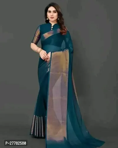 Beautiful Teal Chiffon Saree With Blouse Piece For Women-thumb0