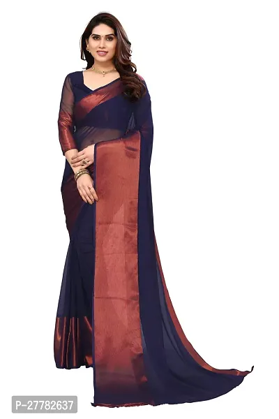 Beautiful Navy Blue Chiffon Saree With Blouse Piece For Women-thumb0