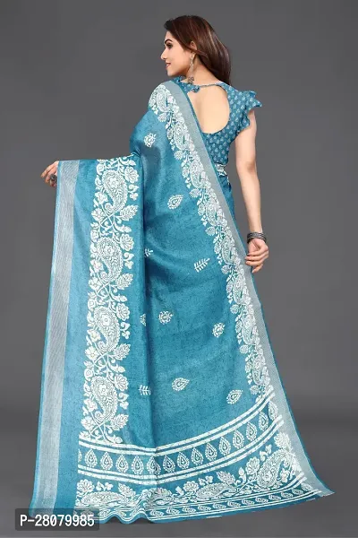 Beautiful Sky Blue Cotton Blend Saree With Blouse Piece For Women-thumb3