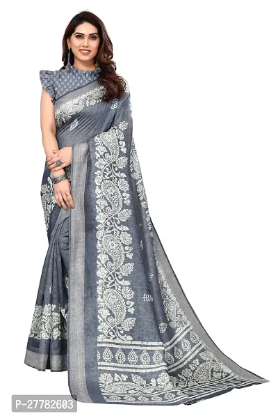 Beautiful Grey Cotton Blend Saree With Blouse Piece For Women-thumb0