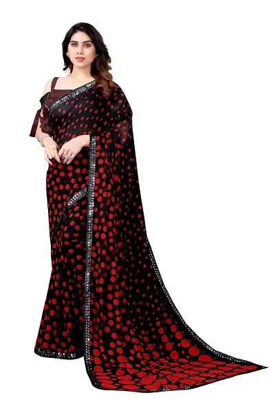 Women Georggate polka print saree With Unstitched Blouse Piecee