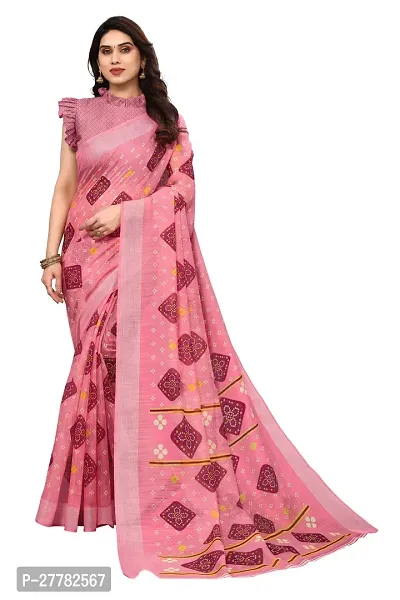 Beautiful Pink Linen Saree With Blouse Piece For Women-thumb0