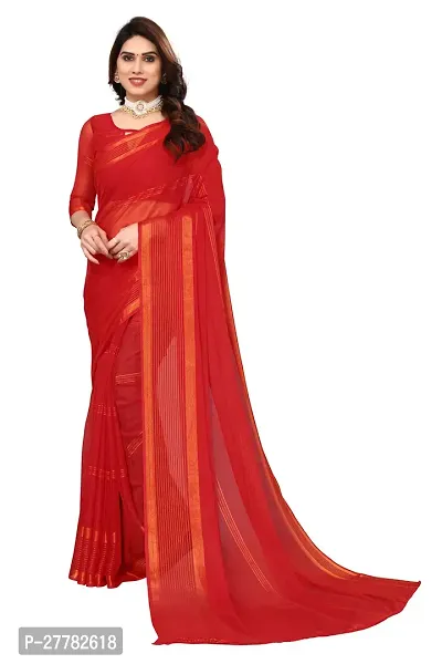 Beautiful Red Chiffon Saree With Blouse Piece For Women-thumb0