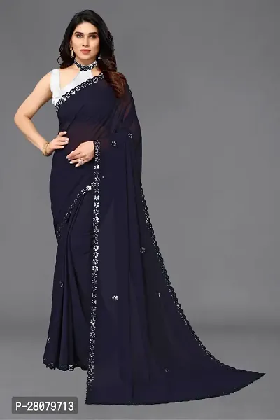 Beautiful Navy Blue Georgette Saree With Blouse Piece For Women-thumb0