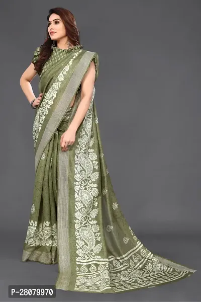 Beautiful Green Cotton Blend Saree With Blouse Piece For Women-thumb4