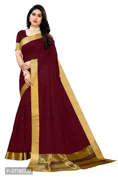 Beautiful Maroon Cotton Saree With Blouse Piece For Women-thumb0