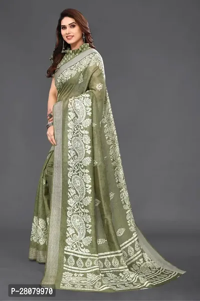 Beautiful Green Cotton Blend Saree With Blouse Piece For Women-thumb2