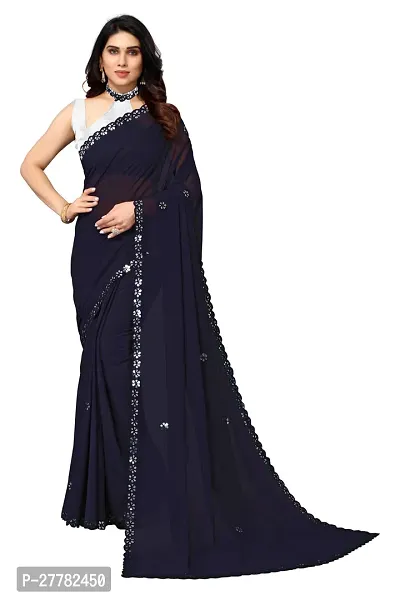 Beautiful Navy Blue Georgette Saree With Blouse Piece For Women-thumb0